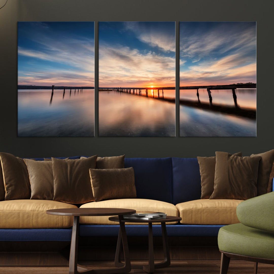 Extra Large Wooden Pier Sunset Beach Canvas Wall Art Coastal Print