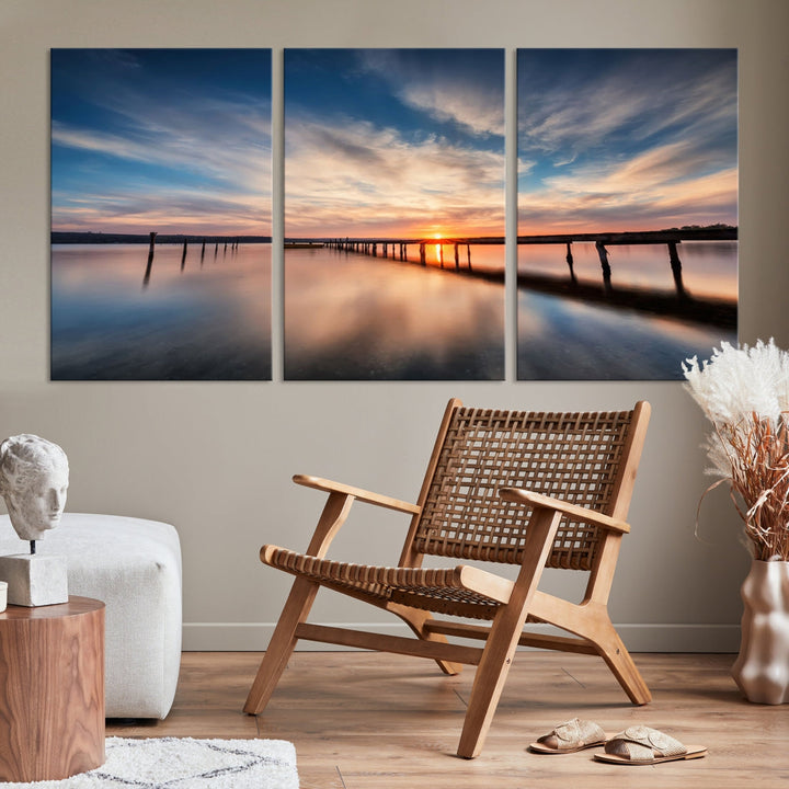 Extra Large Wooden Pier Sunset Beach Canvas Wall Art Coastal Print