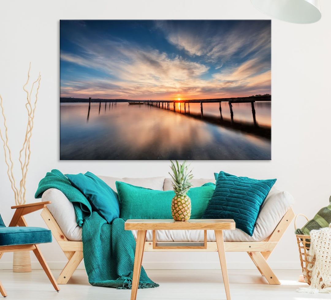 Extra Large Wooden Pier Sunset Beach Canvas Wall Art Coastal Print