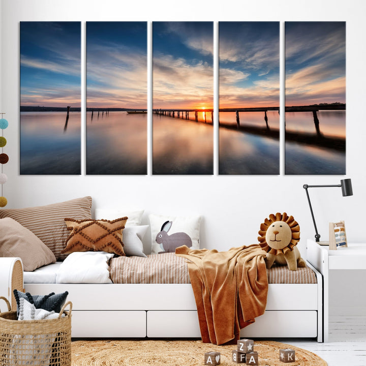 Extra Large Wooden Pier Sunset Beach Canvas Wall Art Coastal Print