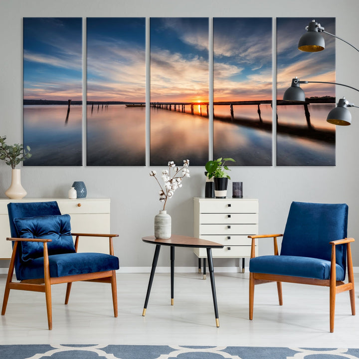 Extra Large Wooden Pier Sunset Beach Canvas Wall Art Coastal Print