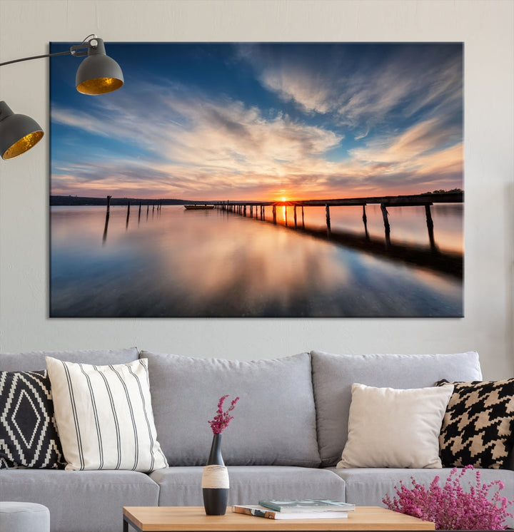 Extra Large Wooden Pier Sunset Beach Canvas Wall Art Coastal Print