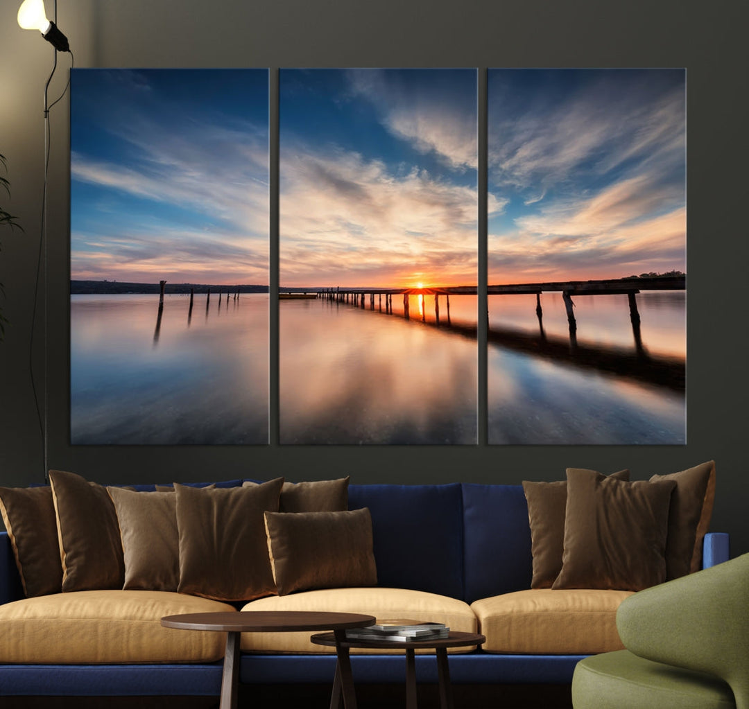 Extra Large Wooden Pier Sunset Beach Canvas Wall Art Coastal Print