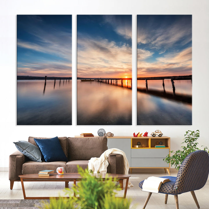 Extra Large Wooden Pier Sunset Beach Canvas Wall Art Coastal Print