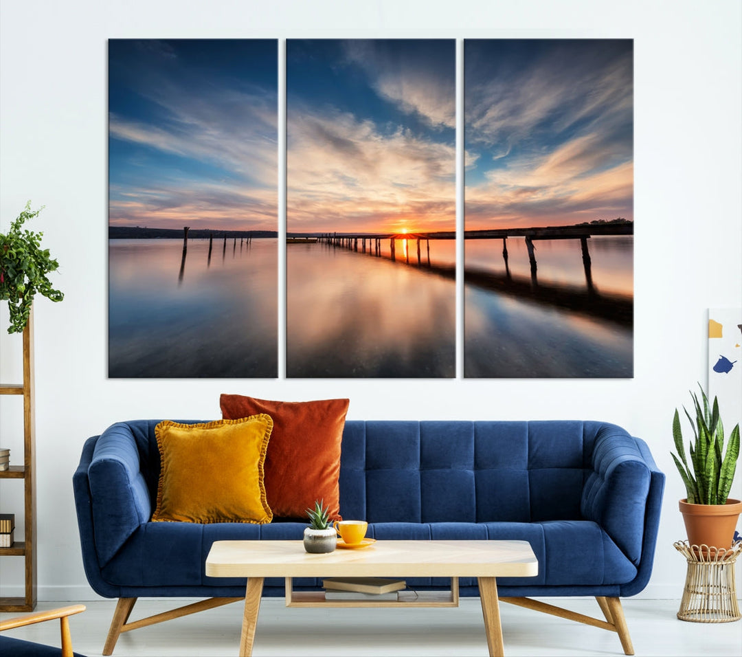 Extra Large Wooden Pier Sunset Beach Canvas Wall Art Coastal Print