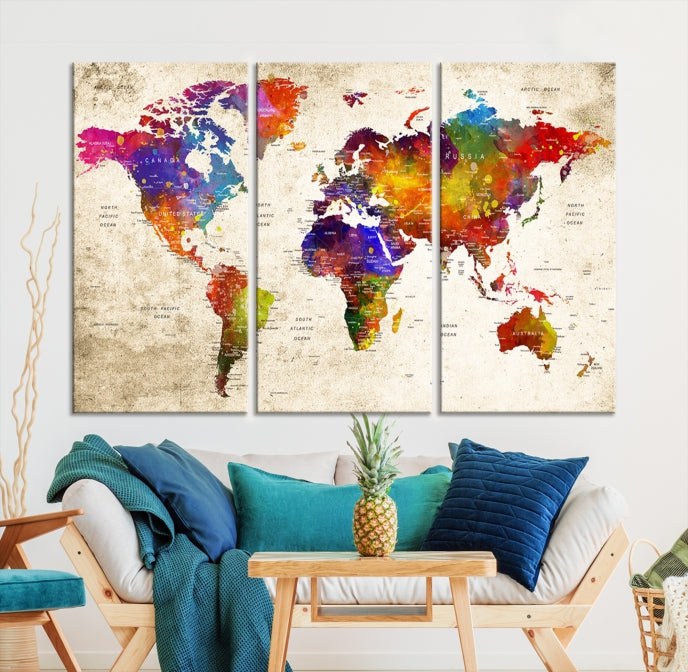 Extra Large World Map Painting on Canvas Print Birthday Gift Travel Map Wall Art