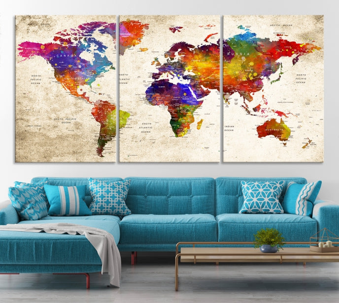 Extra Large World Map Painting on Canvas Print Birthday Gift Travel Map Wall Art