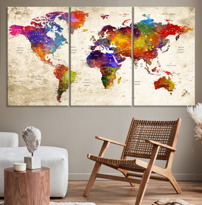 Extra Large World Map Painting on Canvas Print Birthday Gift Travel Map Wall Art