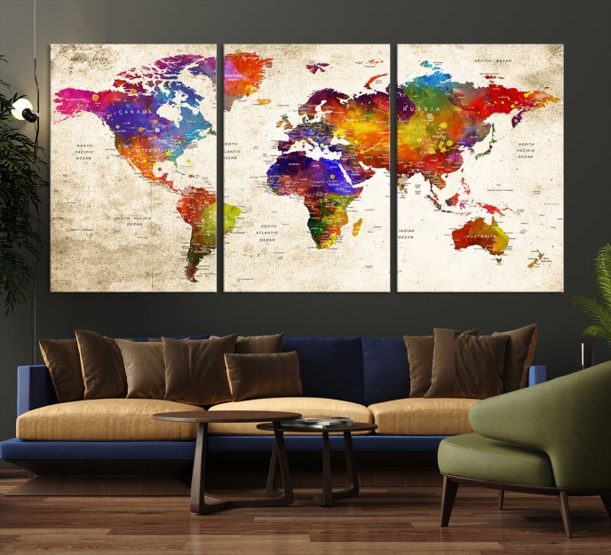 Extra Large World Map Painting on Canvas Print Birthday Gift Travel Map Wall Art