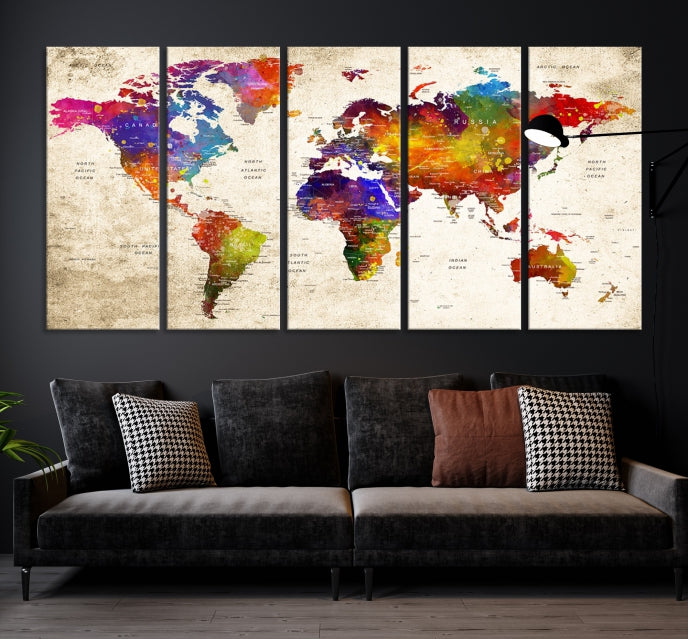 Extra Large World Map Painting on Canvas Print Birthday Gift Travel Map Wall Art