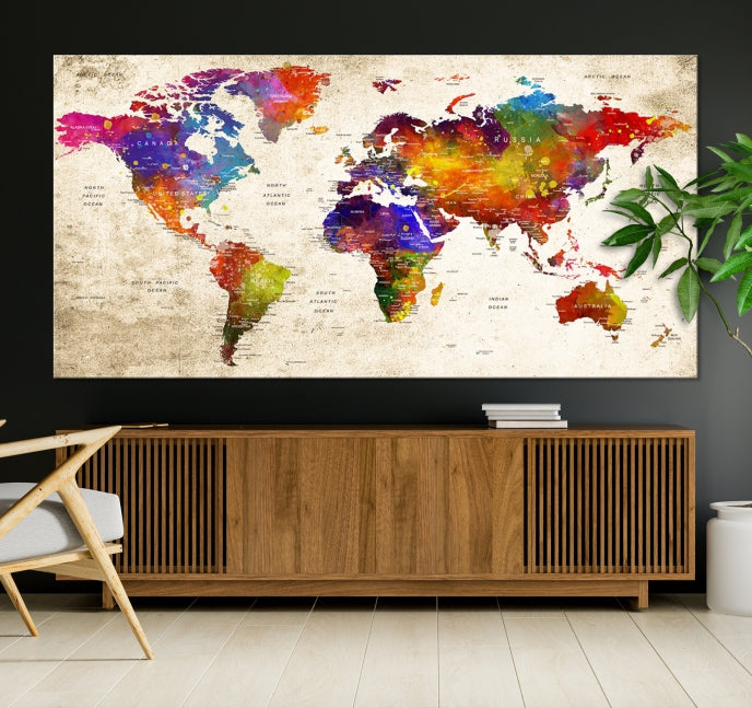 Extra Large World Map Painting on Canvas Print Birthday Gift Travel Map Wall Art