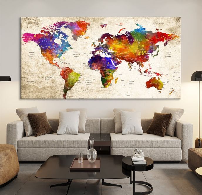 Extra Large World Map Painting on Canvas Print Birthday Gift Travel Map Wall Art