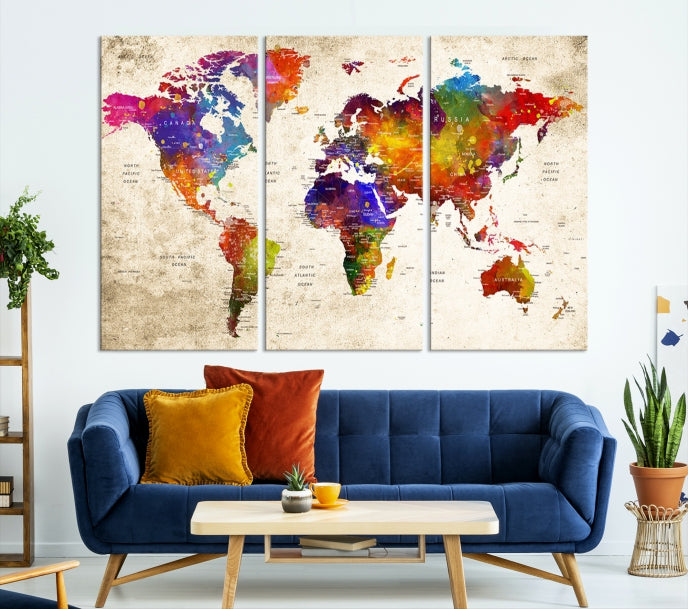 Extra Large World Map Painting on Canvas Print Birthday Gift Travel Map Wall Art