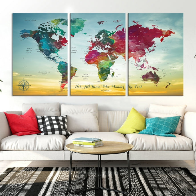 Extra Large World Map Push Pin Wall Art Canvas Print Traveler Gift Framed Ready to Hang