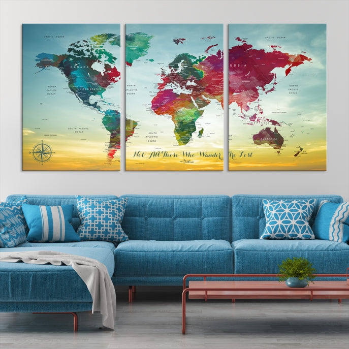 Extra Large World Map Push Pin Wall Art Canvas Print Traveler Gift Framed Ready to Hang