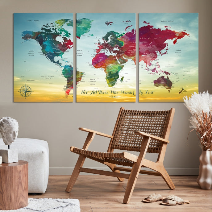 Extra Large World Map Push Pin Wall Art Canvas Print Traveler Gift Framed Ready to Hang