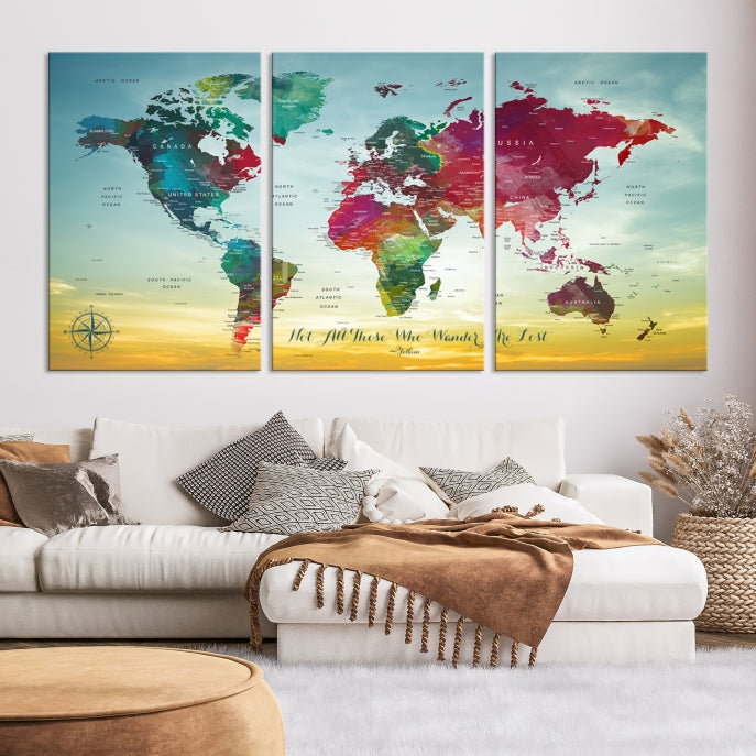 Extra Large World Map Push Pin Wall Art Canvas Print Traveler Gift Framed Ready to Hang