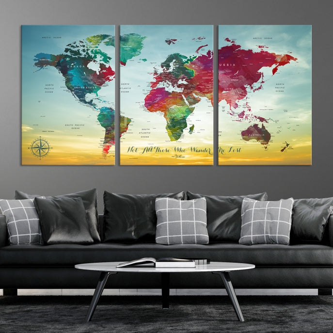 Extra Large World Map Push Pin Wall Art Canvas Print Traveler Gift Framed Ready to Hang