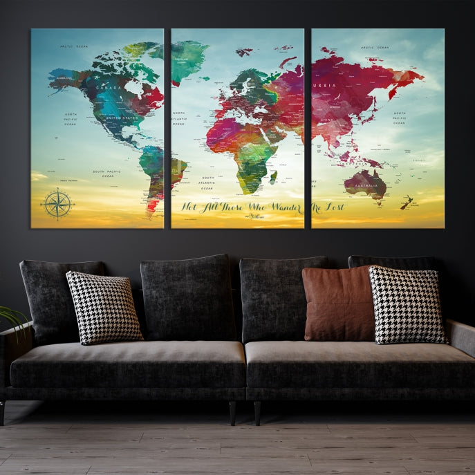 Extra Large World Map Push Pin Wall Art Canvas Print Traveler Gift Framed Ready to Hang