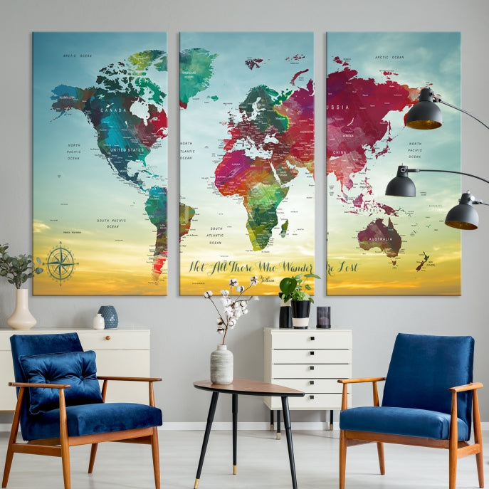 Extra Large World Map Push Pin Wall Art Canvas Print Traveler Gift Framed Ready to Hang