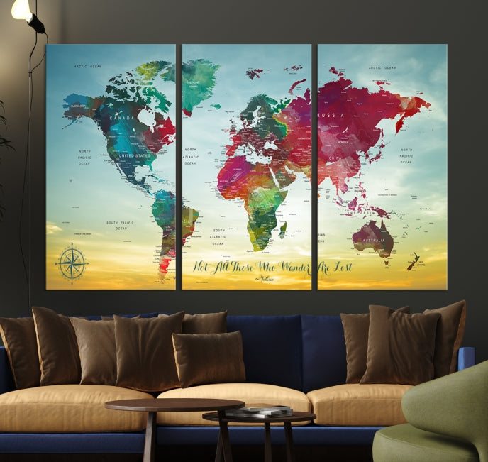 Extra Large World Map Push Pin Wall Art Canvas Print Traveler Gift Framed Ready to Hang