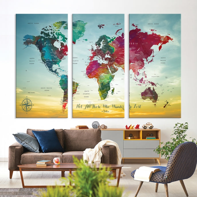 Extra Large World Map Push Pin Wall Art Canvas Print Traveler Gift Framed Ready to Hang