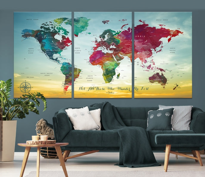 Extra Large World Map Push Pin Wall Art Canvas Print Traveler Gift Framed Ready to Hang