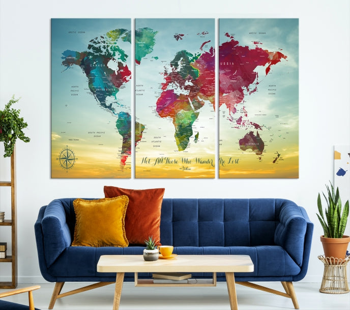 Extra Large World Map Push Pin Wall Art Canvas Print Traveler Gift Framed Ready to Hang