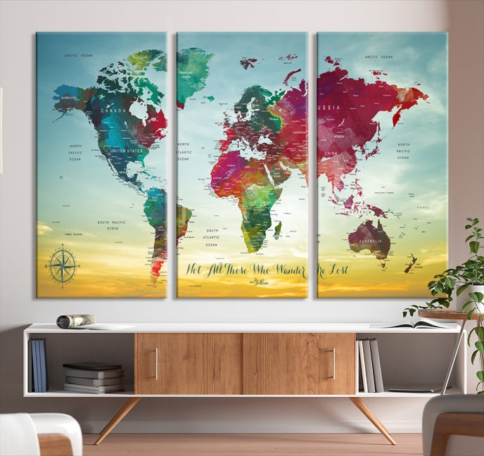 Extra Large World Map Push Pin Wall Art Canvas Print Traveler Gift Framed Ready to Hang