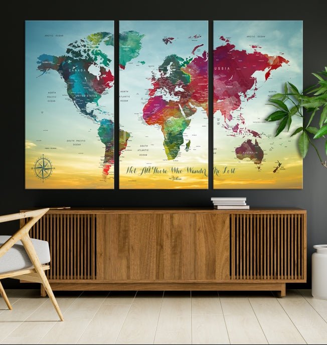 Extra Large World Map Push Pin Wall Art Canvas Print Traveler Gift Framed Ready to Hang