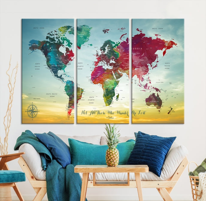 Extra Large World Map Push Pin Wall Art Canvas Print Traveler Gift Framed Ready to Hang