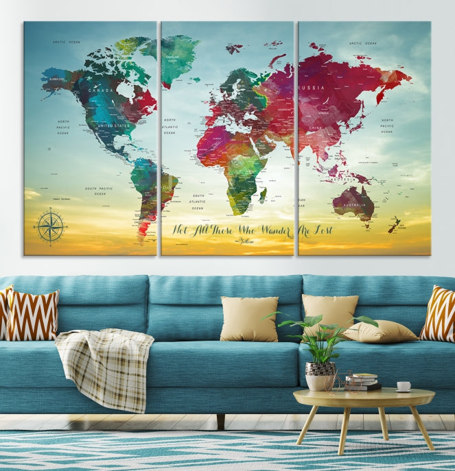 Extra Large World Map Push Pin Wall Art Canvas Print Traveler Gift Framed Ready to Hang