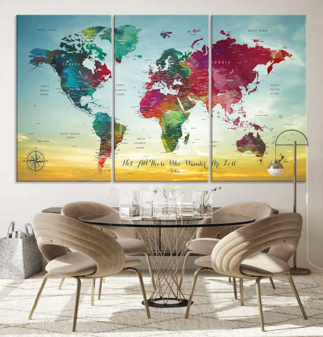 Extra Large World Map Push Pin Wall Art Canvas Print Traveler Gift Framed Ready to Hang