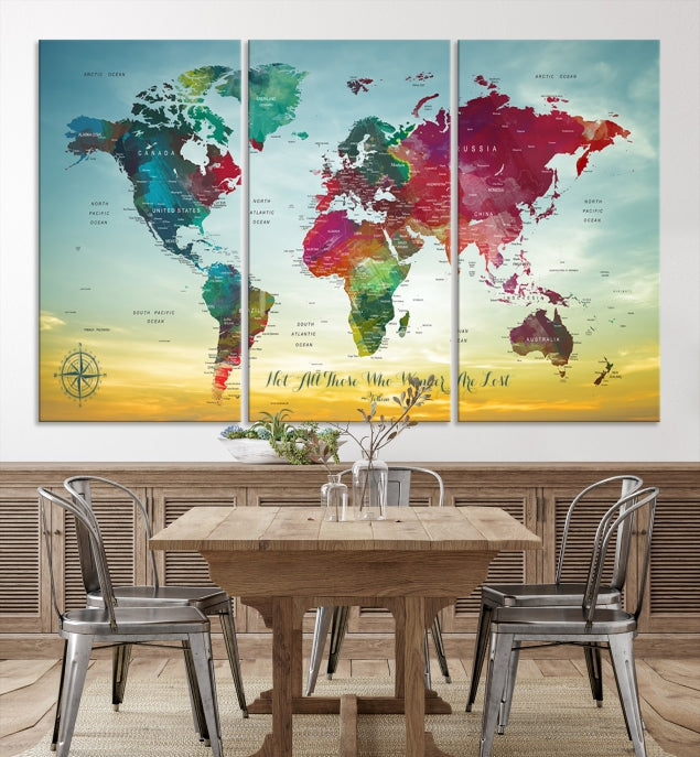 Extra Large World Map Push Pin Wall Art Canvas Print Traveler Gift Framed Ready to Hang