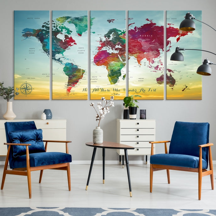 Extra Large World Map Push Pin Wall Art Canvas Print Traveler Gift Framed Ready to Hang