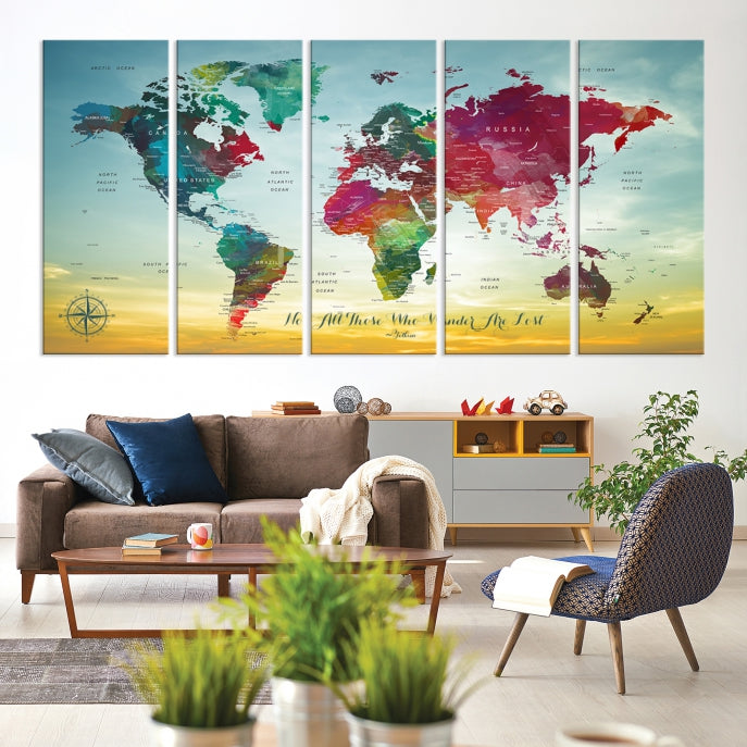 Extra Large World Map Push Pin Wall Art Canvas Print Traveler Gift Framed Ready to Hang