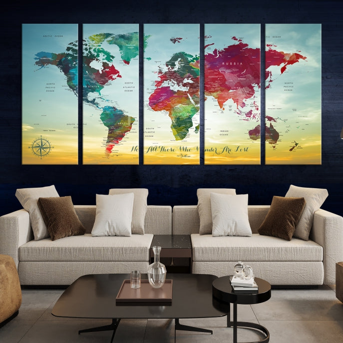 Extra Large World Map Push Pin Wall Art Canvas Print Traveler Gift Framed Ready to Hang