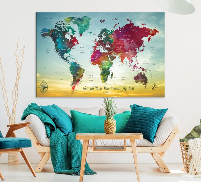 Extra Large World Map Push Pin Wall Art Canvas Print Traveler Gift Framed Ready to Hang