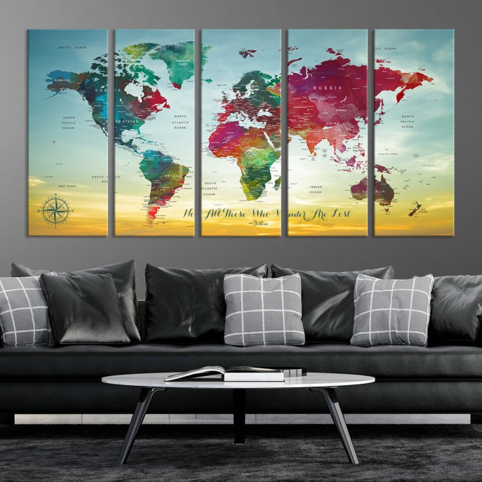 Extra Large World Map Push Pin Wall Art Canvas Print Traveler Gift Framed Ready to Hang