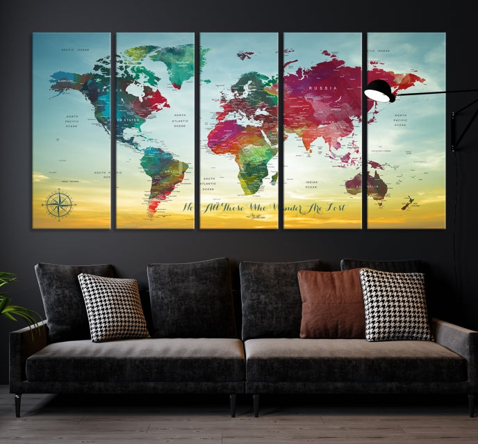 Extra Large World Map Push Pin Wall Art Canvas Print Traveler Gift Framed Ready to Hang