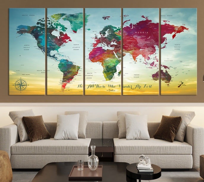 Extra Large World Map Push Pin Wall Art Canvas Print Traveler Gift Framed Ready to Hang