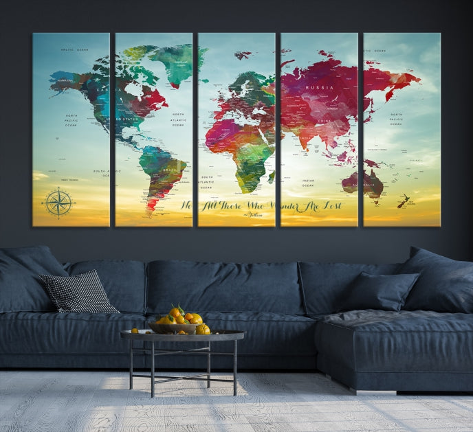 Extra Large World Map Push Pin Wall Art Canvas Print Traveler Gift Framed Ready to Hang