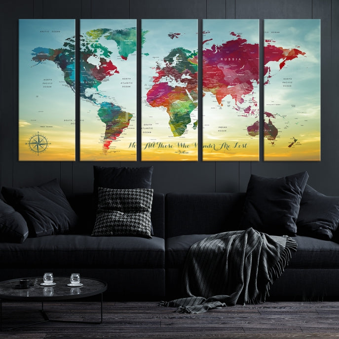 Extra Large World Map Push Pin Wall Art Canvas Print Traveler Gift Framed Ready to Hang