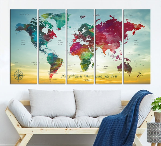 Extra Large World Map Push Pin Wall Art Canvas Print Traveler Gift Framed Ready to Hang