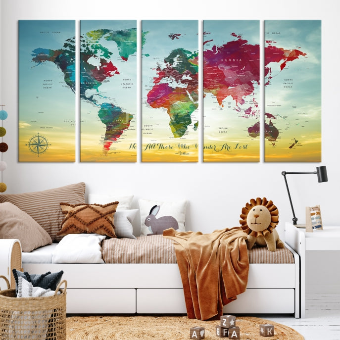 Extra Large World Map Push Pin Wall Art Canvas Print Traveler Gift Framed Ready to Hang