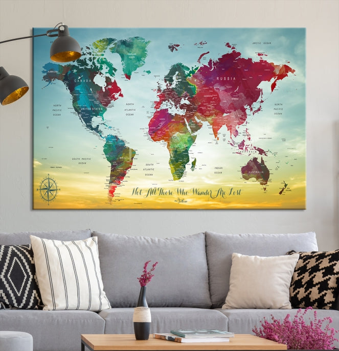 Extra Large World Map Push Pin Wall Art Canvas Print Traveler Gift Framed Ready to Hang