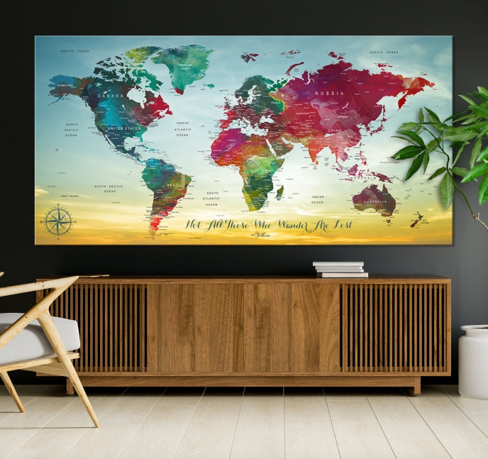 Extra Large World Map Push Pin Wall Art Canvas Print Traveler Gift Framed Ready to Hang