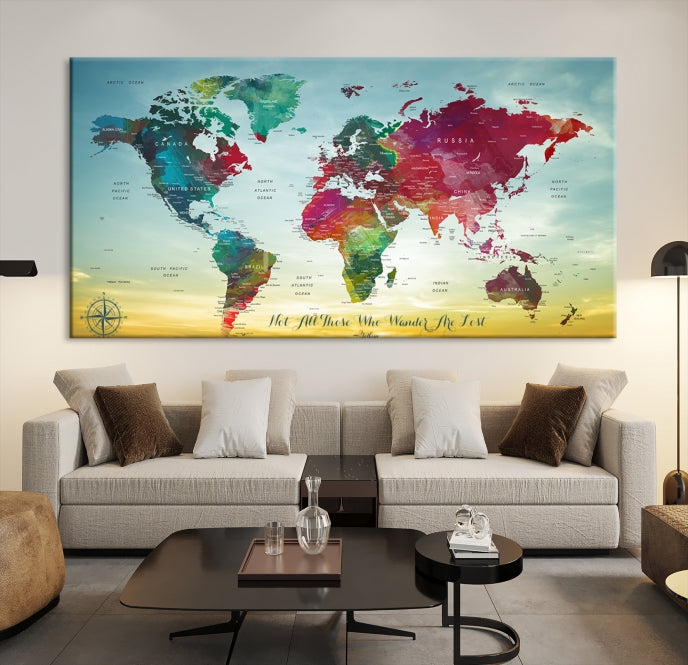 Extra Large World Map Push Pin Wall Art Canvas Print Traveler Gift Framed Ready to Hang