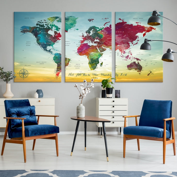 Extra Large World Map Push Pin Wall Art Canvas Print Traveler Gift Framed Ready to Hang