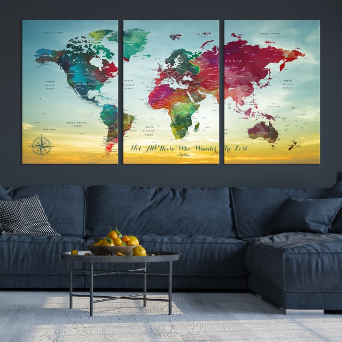 Extra Large World Map Push Pin Wall Art Canvas Print Traveler Gift Framed Ready to Hang